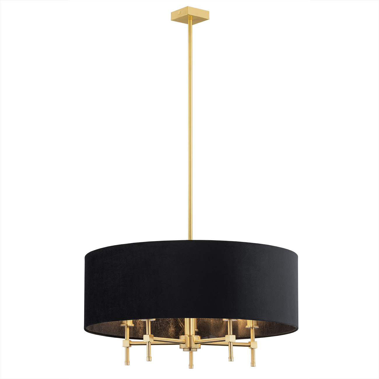 Abano Drum Chandelier, 5 Lamps, Brushed Brass, Round Black Lampshade, 60cm