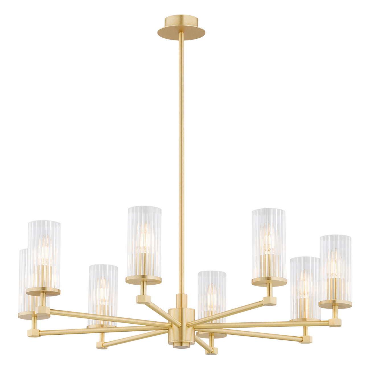 Ampton Large Chandelier, 8 Lights, Brass, Ribbed Glass, 74cm
