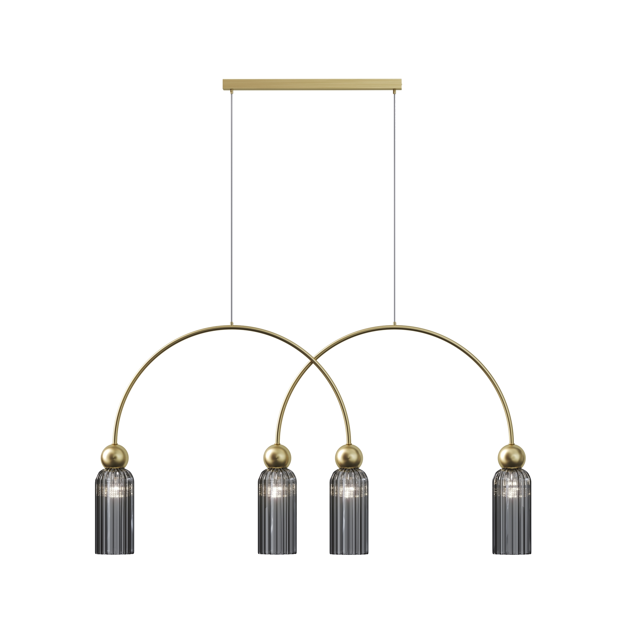 Antic Curved Pendant Lamp, 4 Light, Grey Glass, Gold Metal, 1100cm Length