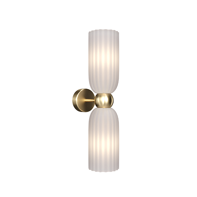 Antic Up & Down White Glass Wall Light, Wide Ribbed Cylinder, 2 Lamp, Gold, 43.5 Height