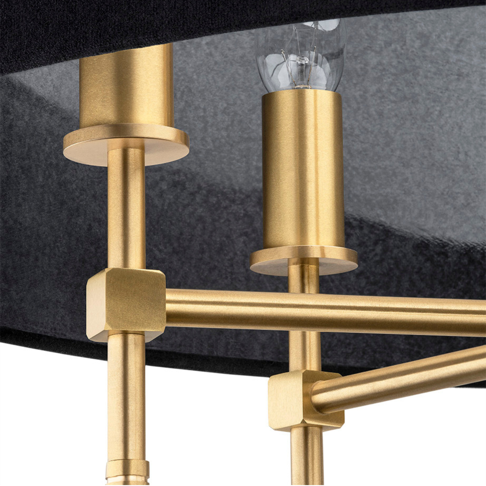 Abano Drum Chandelier, 5 Lamps, Brushed Brass, Round Black Lampshade, 60cm — view 2