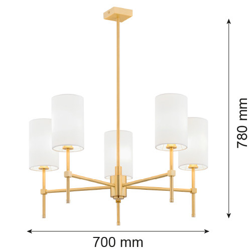Aruzzo 5 Lamp Chandelier, Brushed Brass, White Fabric Shades, 70cm — view 4