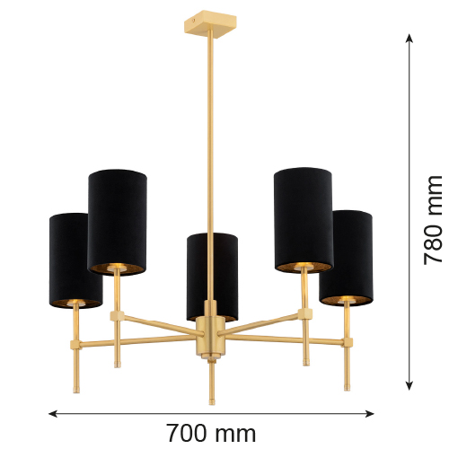 Aruzzo Chandelier, 5 Light, Brushed Brass, Black Fabric Shades, 70cm — view 4