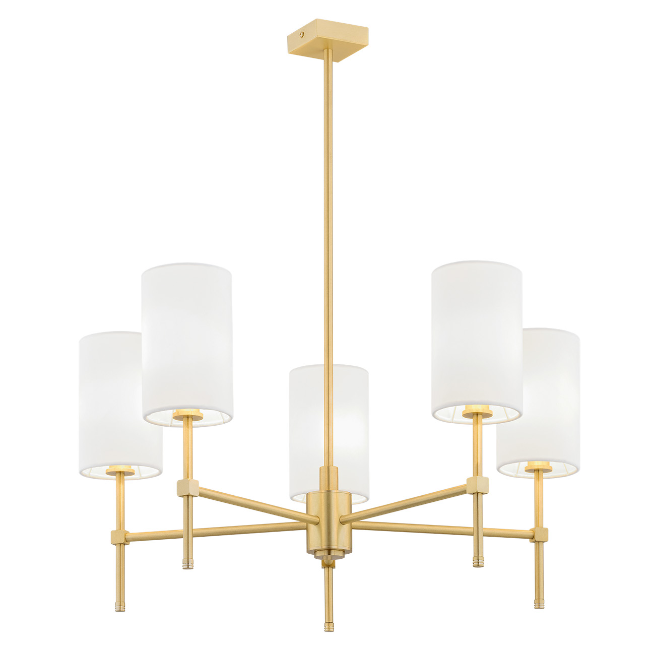 Aruzzo 5 Lamp Chandelier, Brushed Brass, White Fabric Shades, 70cm