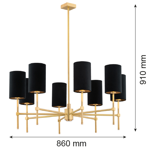Aruzzo Chandelier, 8 Lamp, Brushed Brass, Black Shades, 86cm — view 2