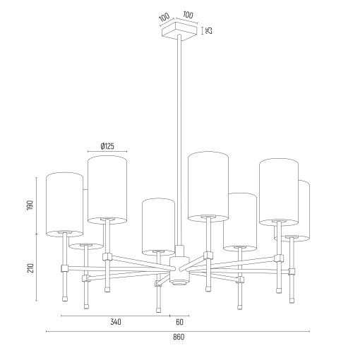 Aruzzo Chandelier, 8 Lamp, Brushed Brass, Black Shades, 86cm — view 3
