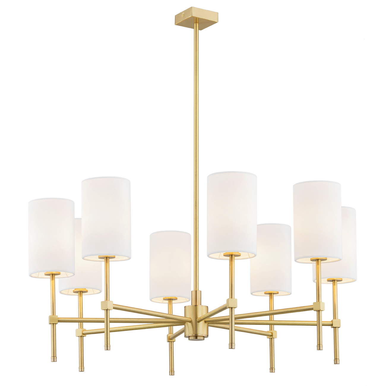 Aruzzo 8 Light Chandelier, Brushed Brass, White Shades, 86cm