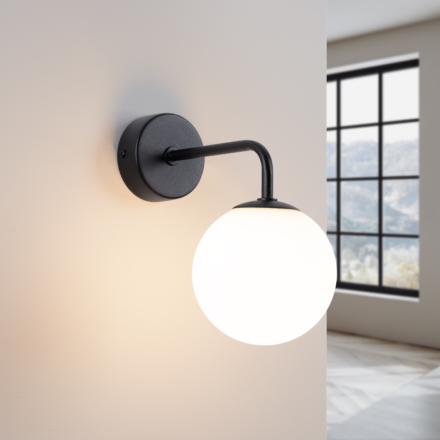 Aztrale Black Wall Light, White Glass Globe, Metal, 1 Lamp, 12cm Width