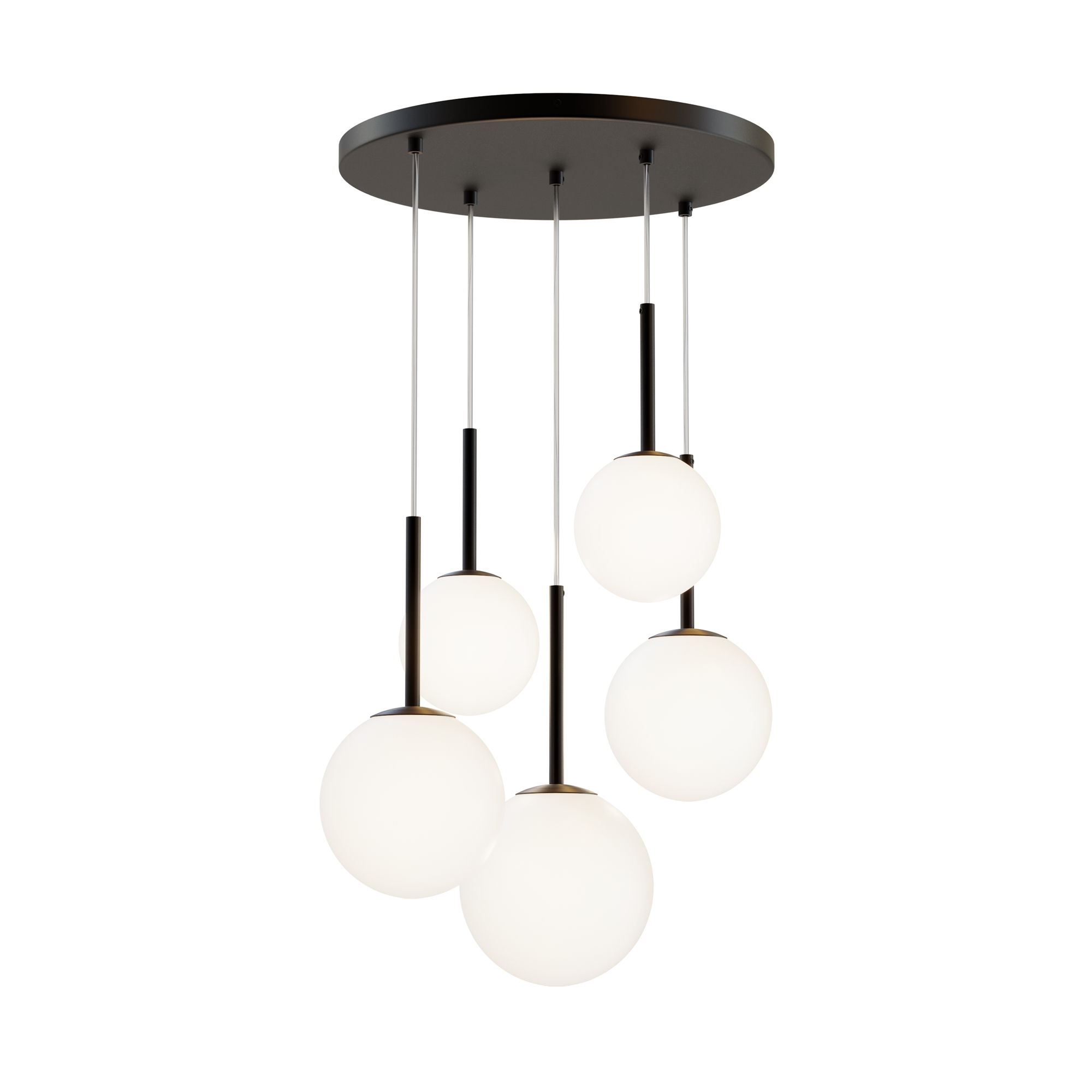 Basic Form Black Multi Drop Pendant Lamp, 5 Light, Opal Glass, 58cm Wide