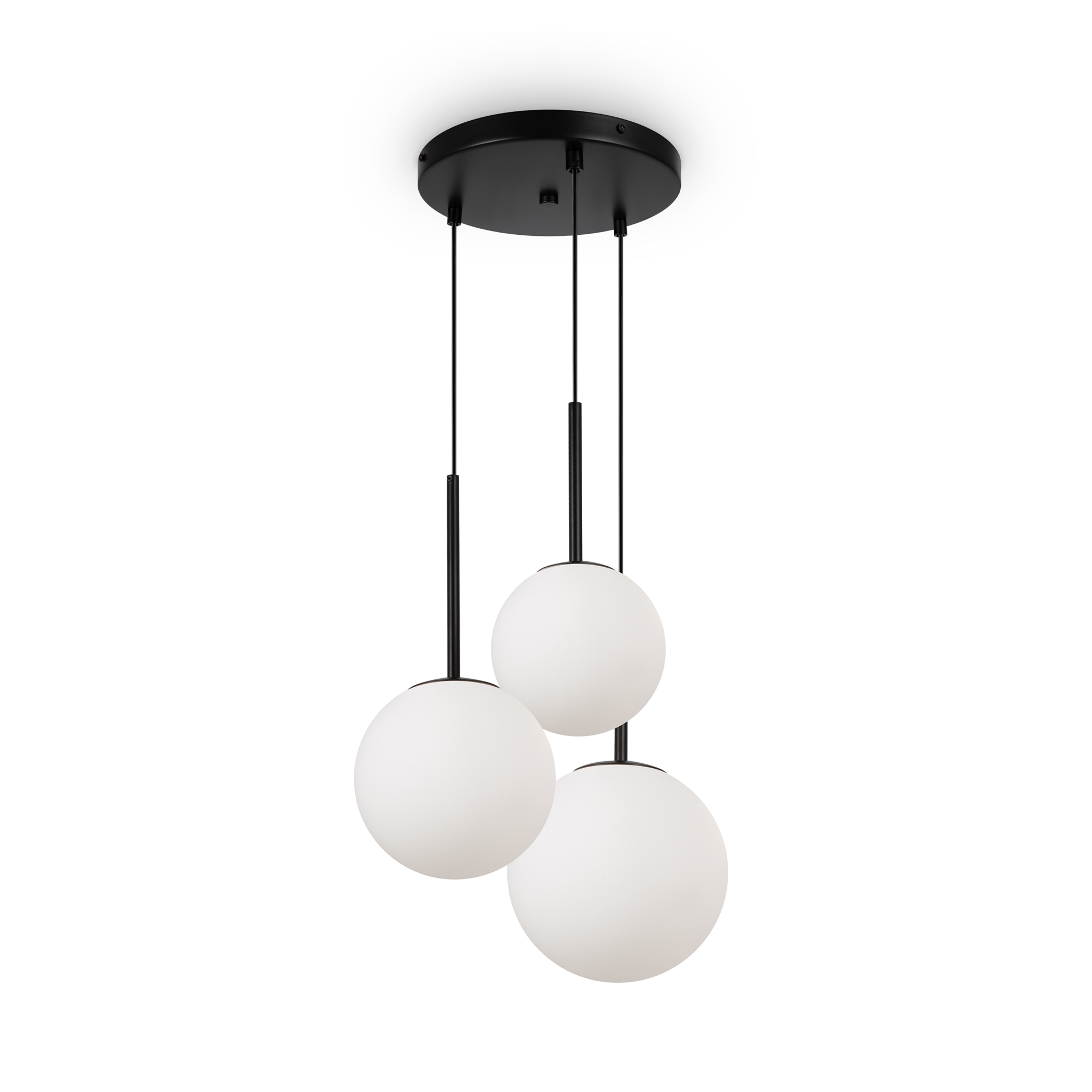Basic Form 3 Lamp Tiered Pendant Lamp, Black Metal, Opal Glass, 40cm Wide