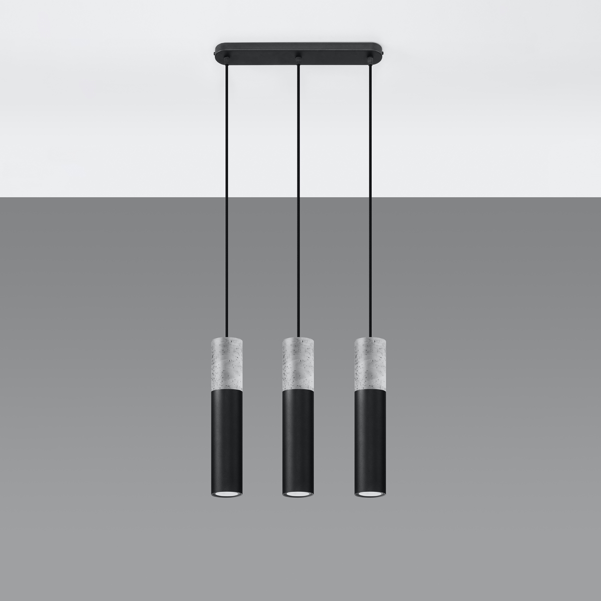 Borgeno 3 Light Bar Pendant Lamp, Concrete & Black Metal, 45cm Length