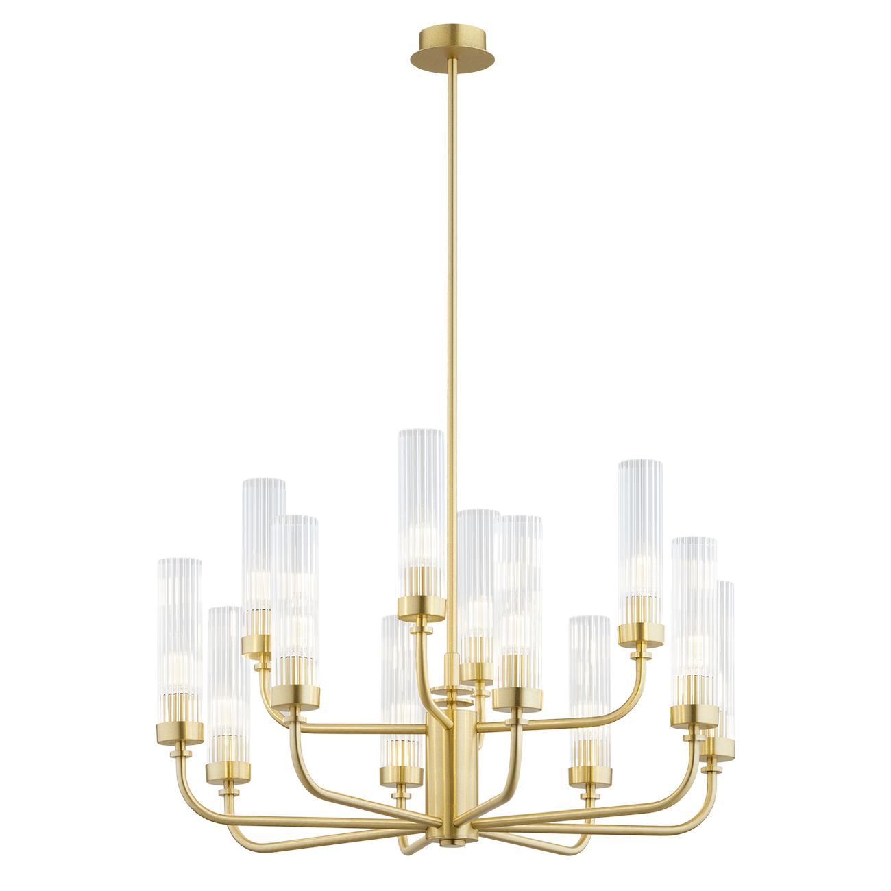 Brezton 12 Lamp Armed Chandelier, Brushed Brass, Two Tiers, Ribbed Glass, 65cm Wide
