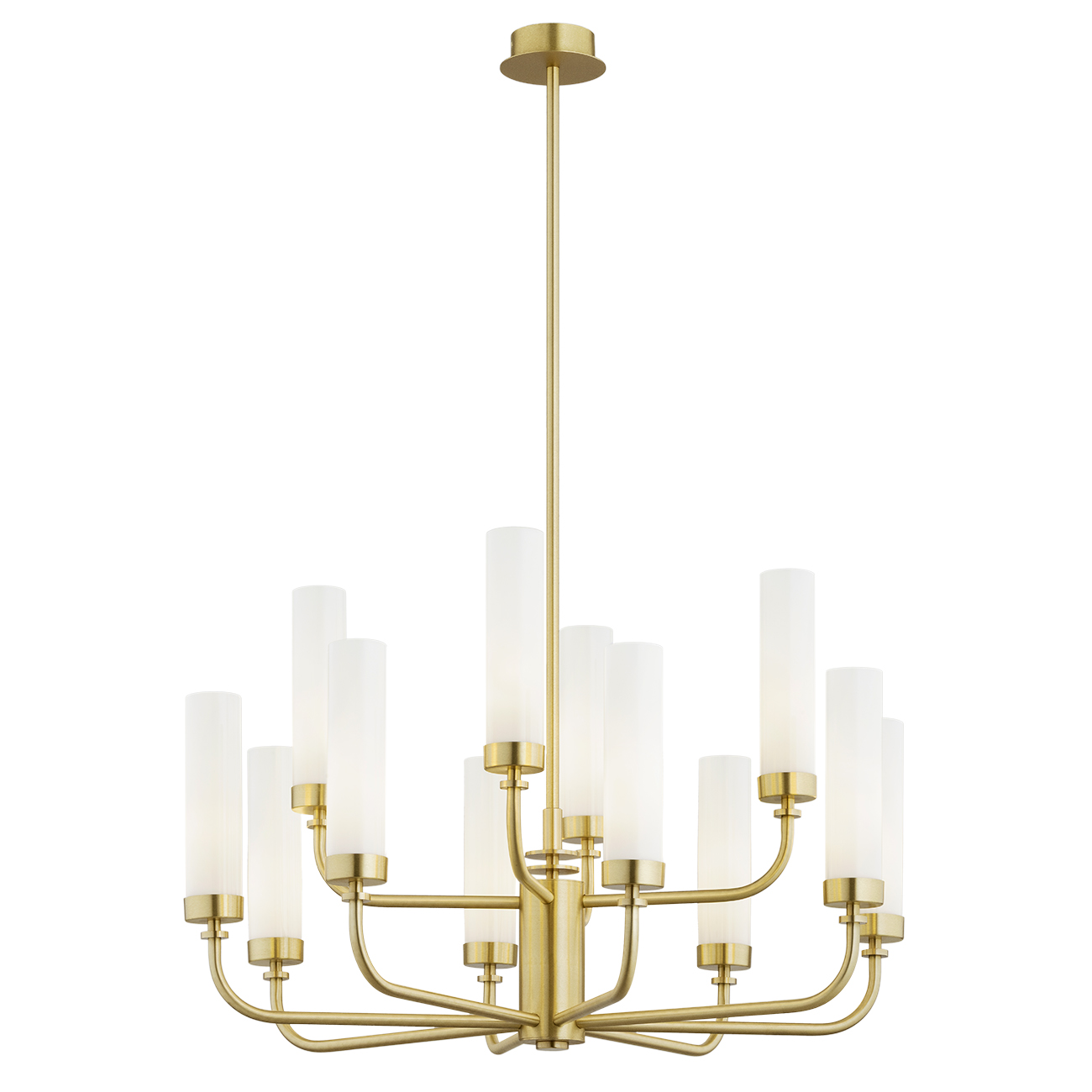 Brezton 12 Light Armed Chandelier, Brushed Brass, Two Tiers, Milk Glass, 65cm Wide