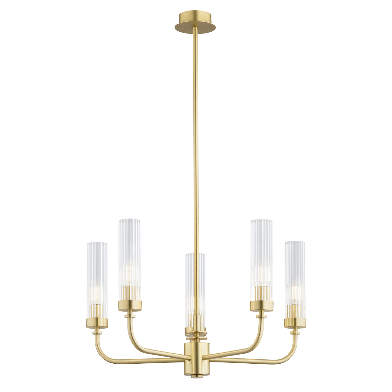 Brezton 5 Lamp Chandelier, Brushed Brass, Ribbed Glass, 50cm Wide