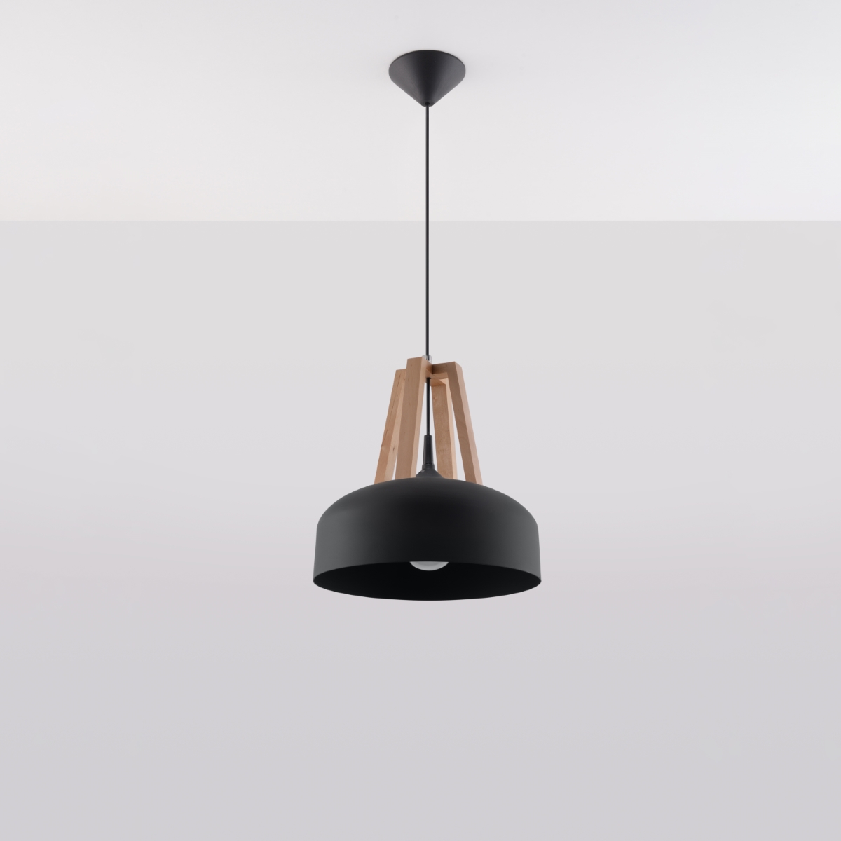 Kaska Black Pendant Light, Wood & Metal, 1 Lamp, 30cm Diameter