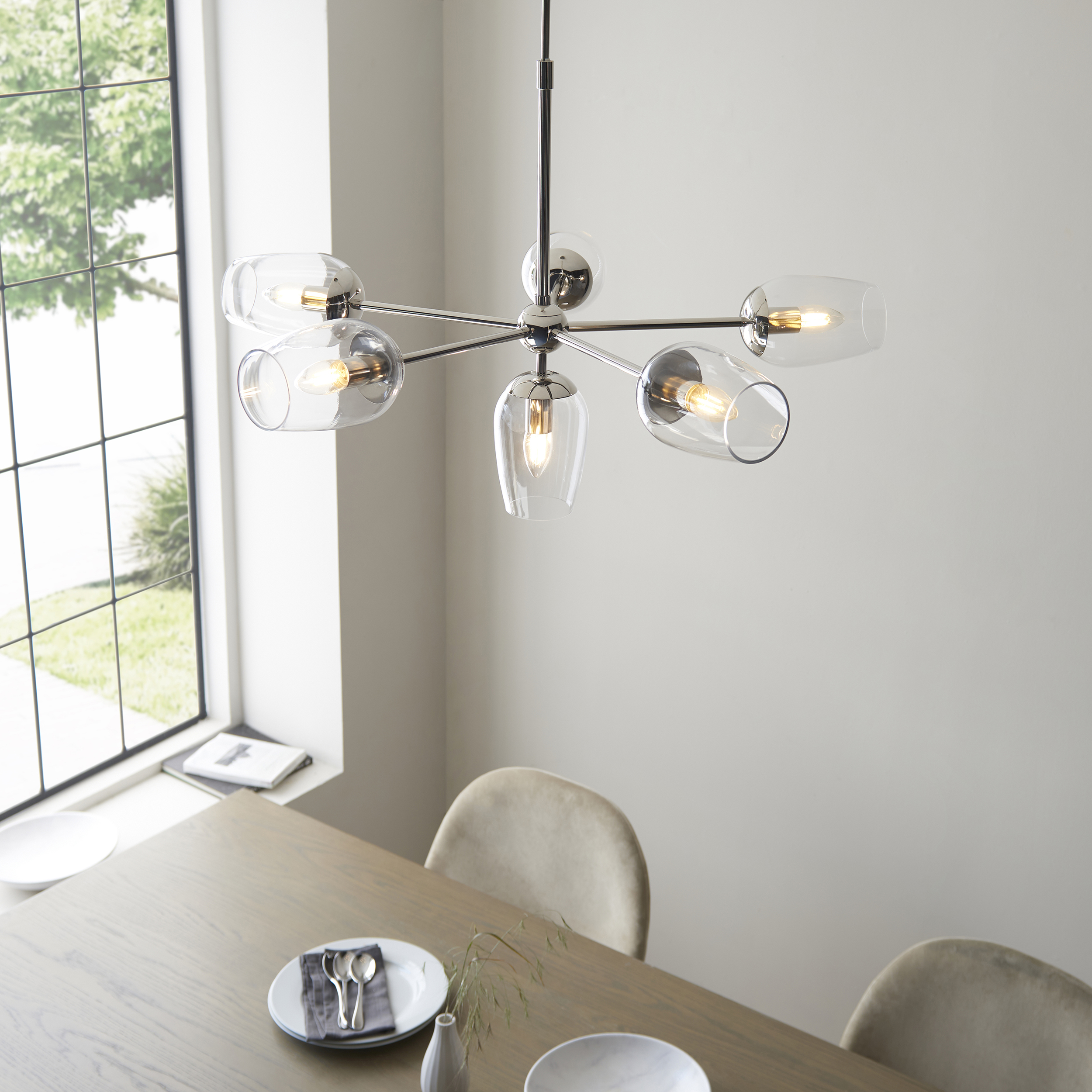 Lysander Ceiling Light, Nickel, Glass, 6 Lamp, 81cm — view 2