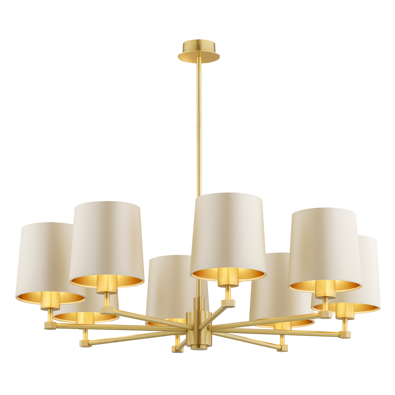 Ceton 8 Lamp Chandelier, Brushed Brass, Beige Fabric Shades, 84cm Width