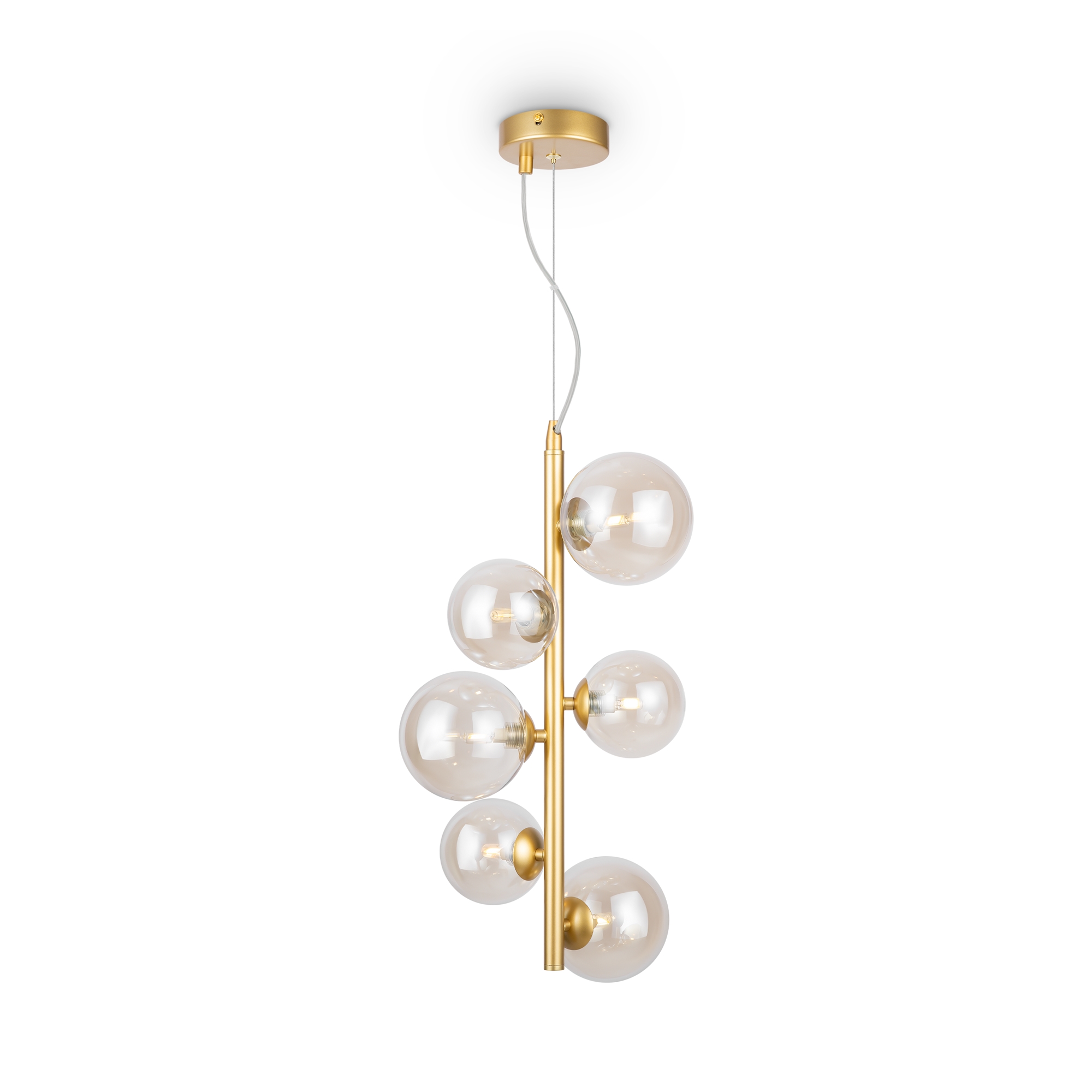 Dallas 6 Light Pendant Lamp, Amber Glass, Gold Metal, 29cm Wide