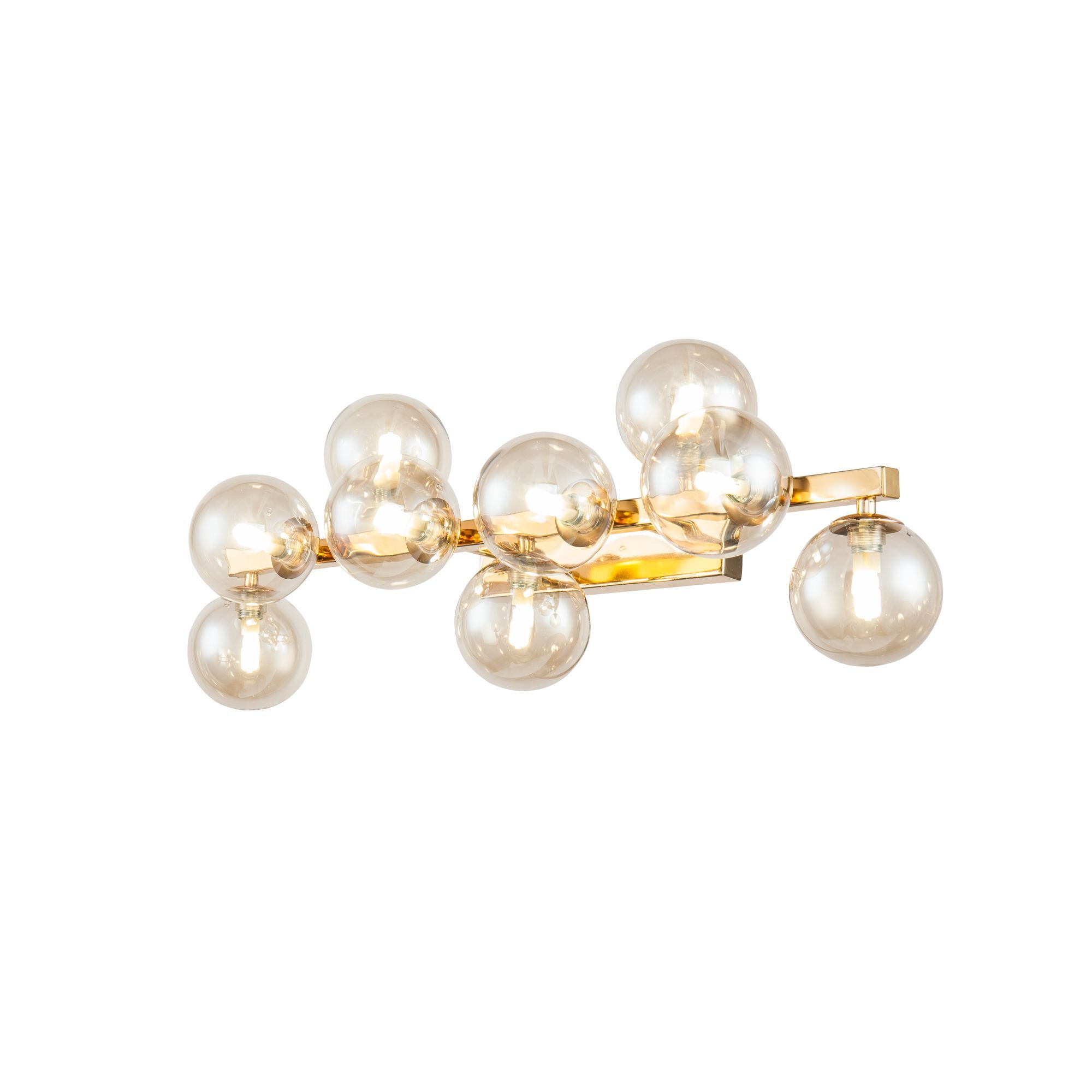 Dallas 9 Light Bubble Wall Lamp, Amber Glass, Gold Metal, 66cm Wide