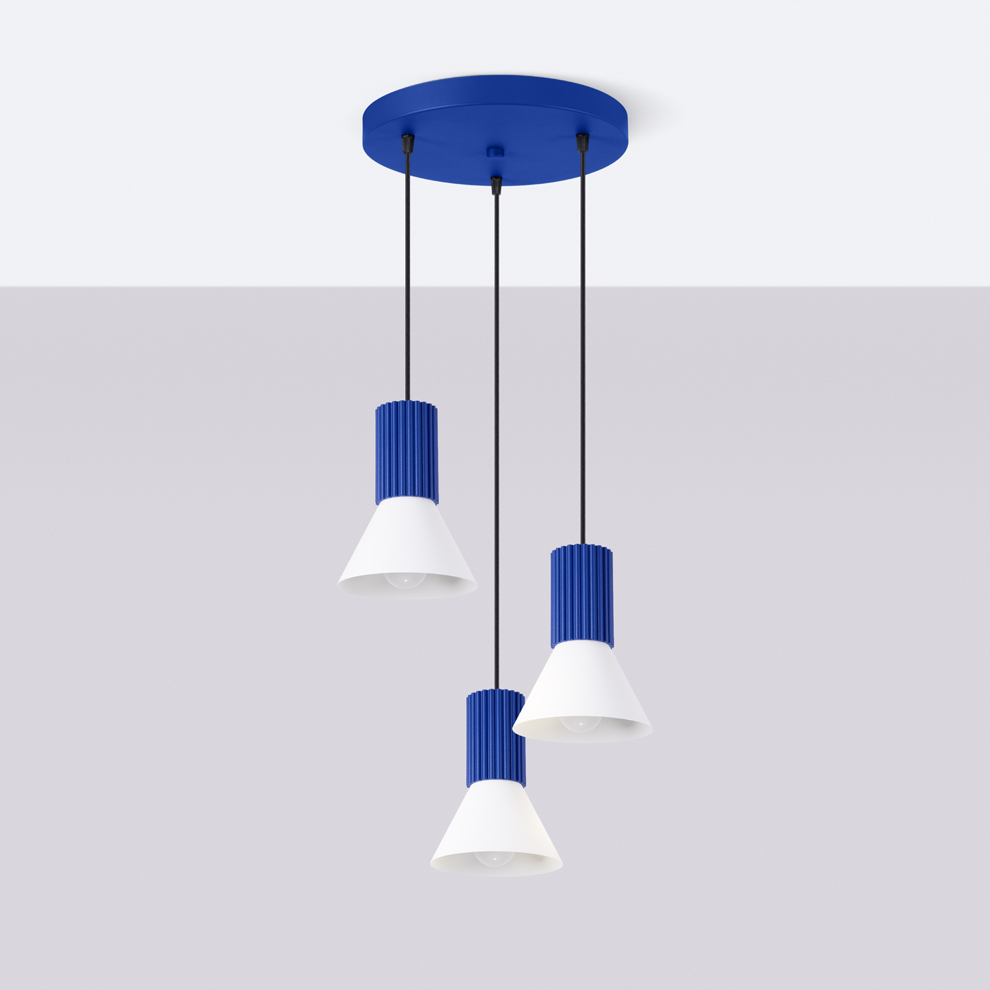 Vestra Marine Blue 3 Light Pendant Lamp, White Shades, Metal, 30cm Diameter