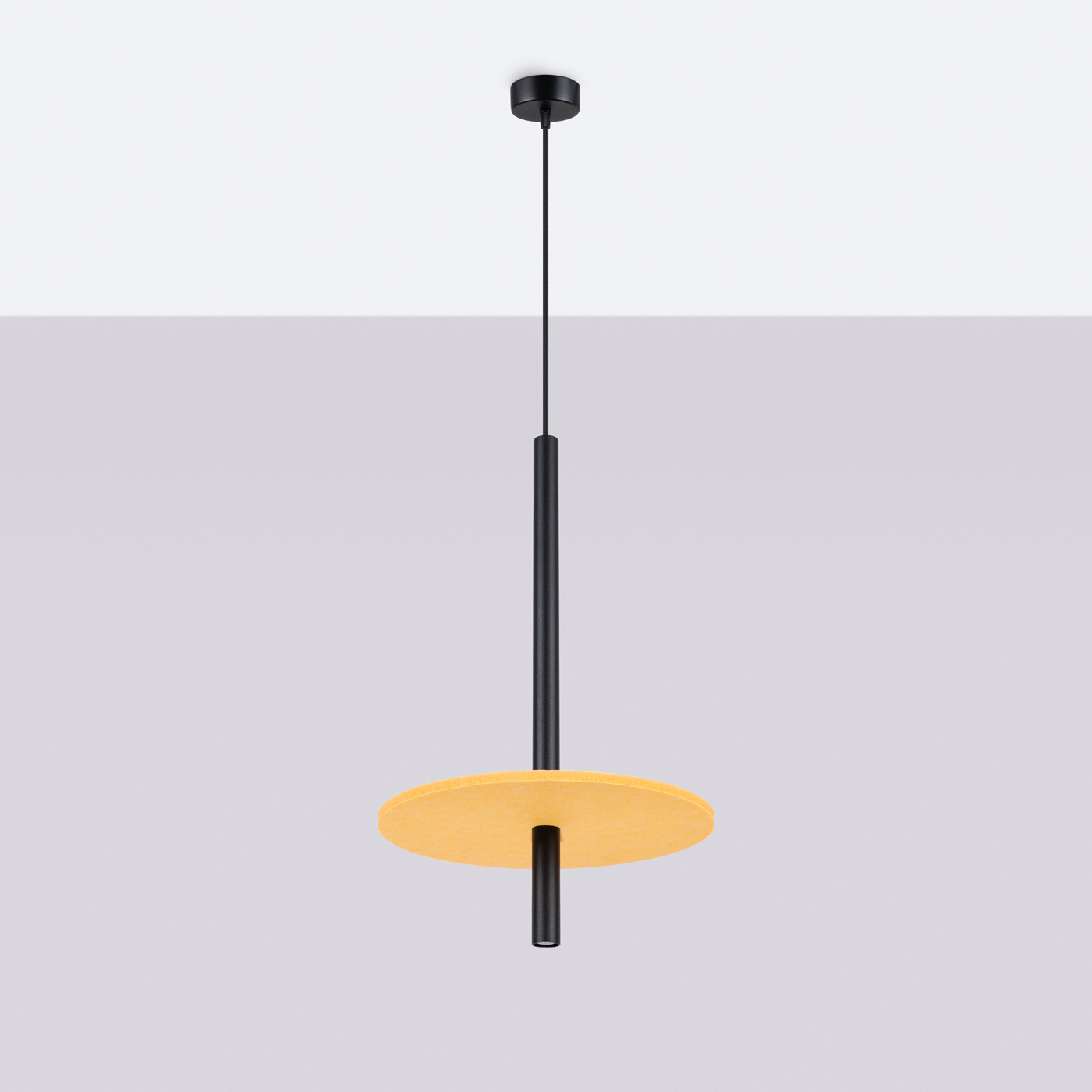 Felora Yellow Long Pendant Light, Black Metal Cylinder, Felt Shade, 30cm Diameter