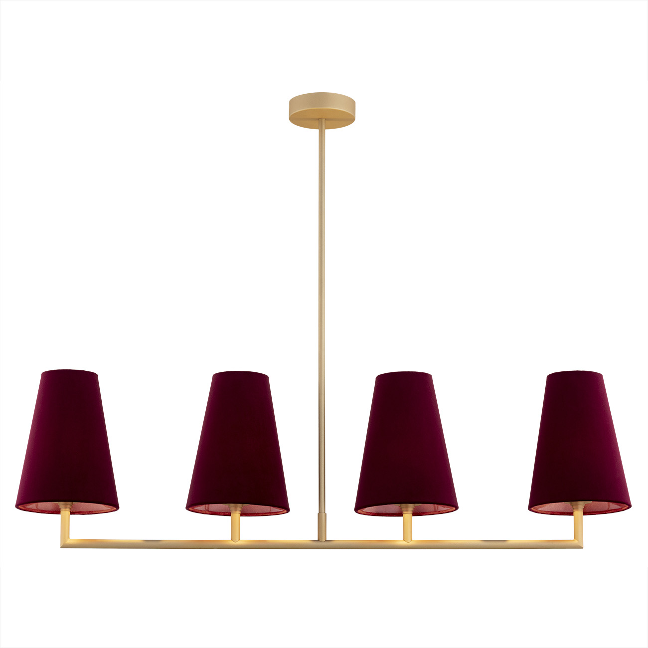Fiano 4 Light Pendant Lamp, Gold Linear Bar, Burgundy Shades, 106cm