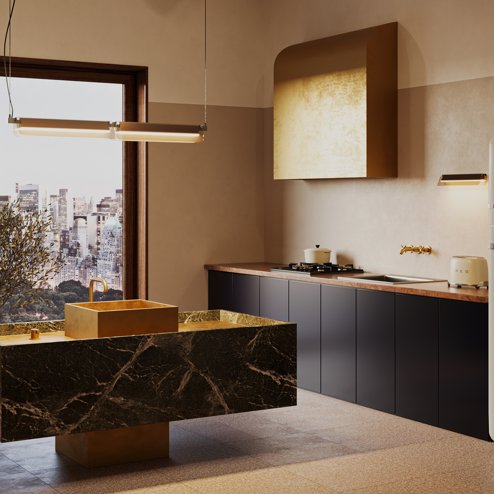 Flat Linear LED Pendant Light, Amber Glass, Brass Metal, 20W LED, 3000k, 93cm Length — view 3
