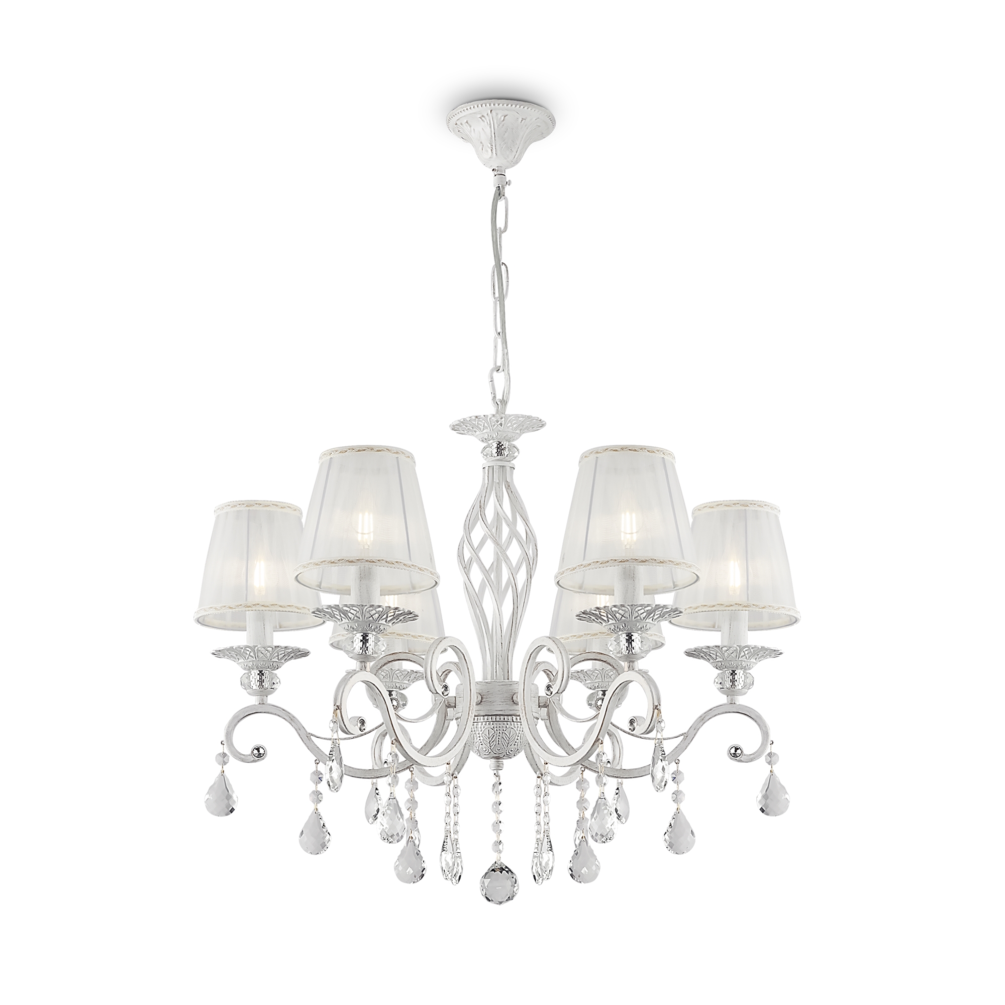 Grace 6 Light White & Gold Chandelier, Metal, Fabric Shades, Crystal Glass, 63cm Wide
