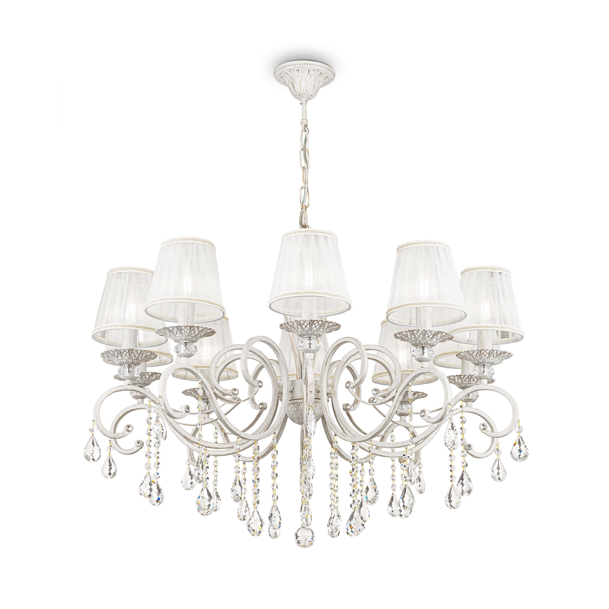 Grace 10 Light White & Gold Chandelier, Metal, Fabric Shades, Crystal Glass, 85cm Wide