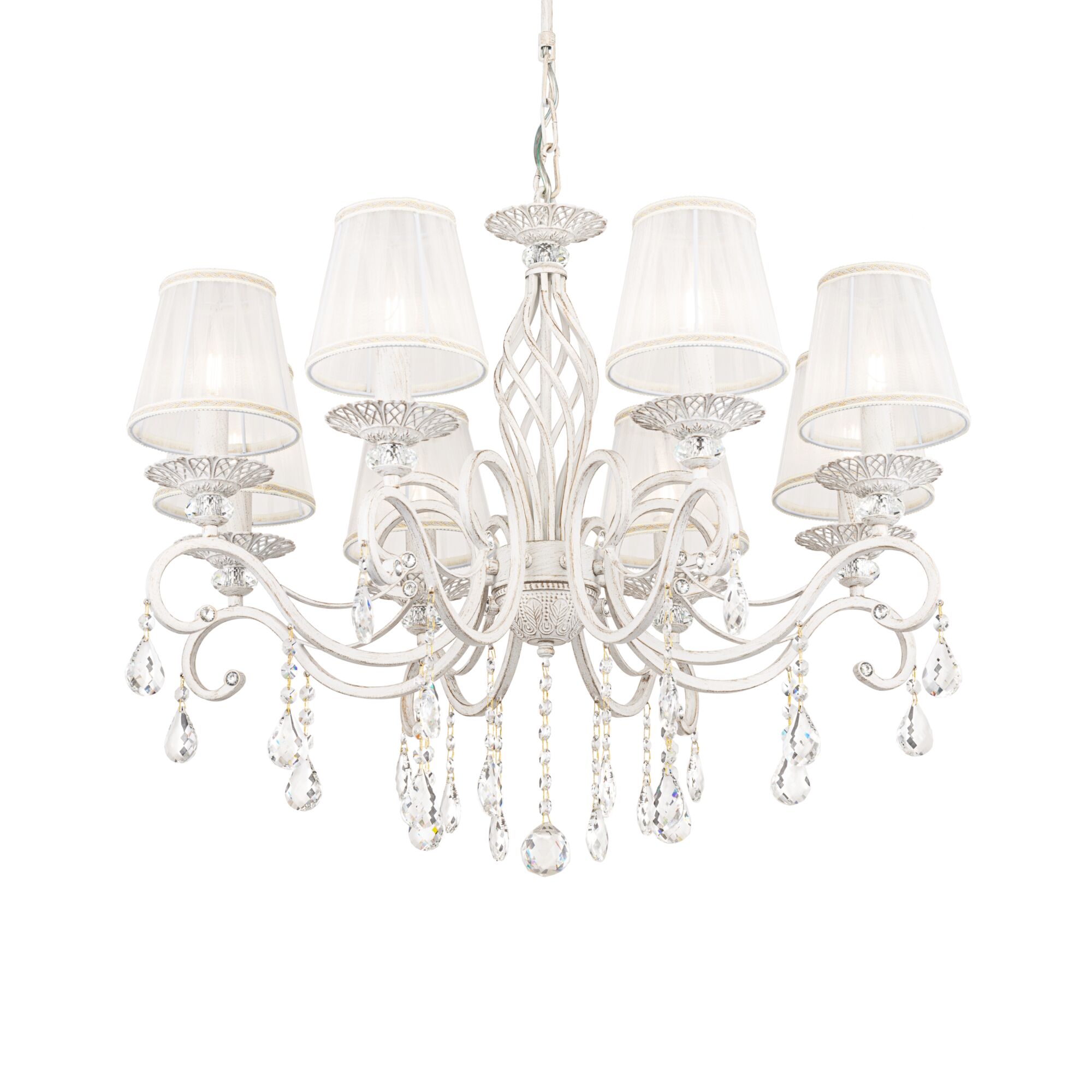 Grace 8 Lamp White & Gold Chandelier, Metal, Fabric Shades, Crystal Glass, 72cm Wide