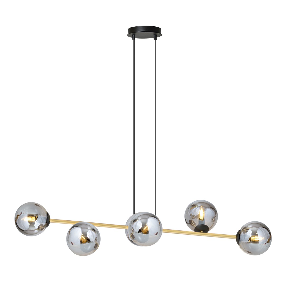 Gravita 6 Lamp Pendant Light, Gold, Grey Glass, 110cm
