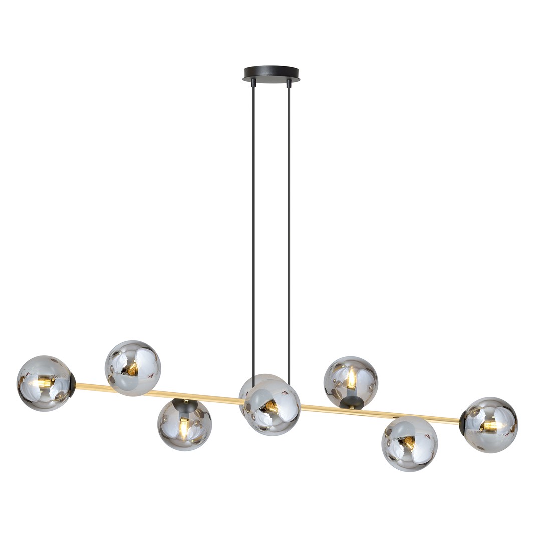 Gravita 8 Light Pendant Lamp, Gold, Grey Glass, 140cm