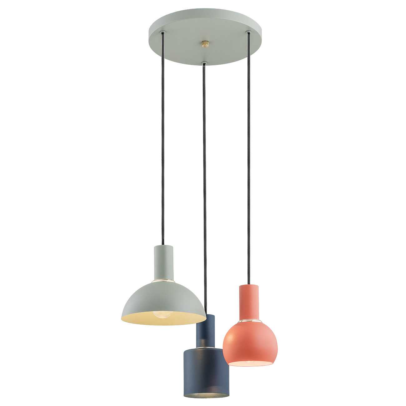 Ines Multi Coloured Pendant Light, 3 Lamp, Sage, Coral, Black, 40cm Width