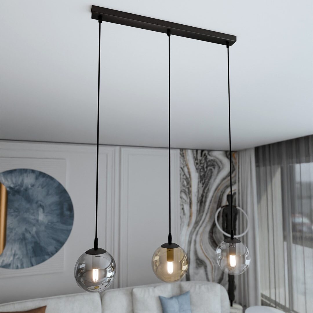 Kosmos Bar Pendant Light, 3 Lamp, Black, Mixed Glass, Grey, Amber And Clear, 70cm
