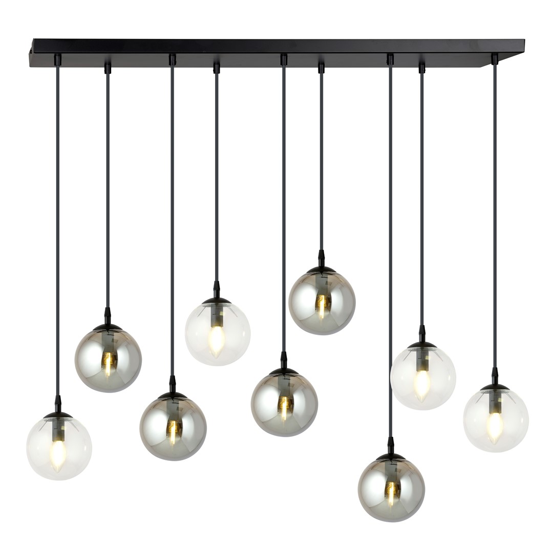 Kosmos 9 Light Pendant Lamp, Black, Grey And Clear Glass, 104cm