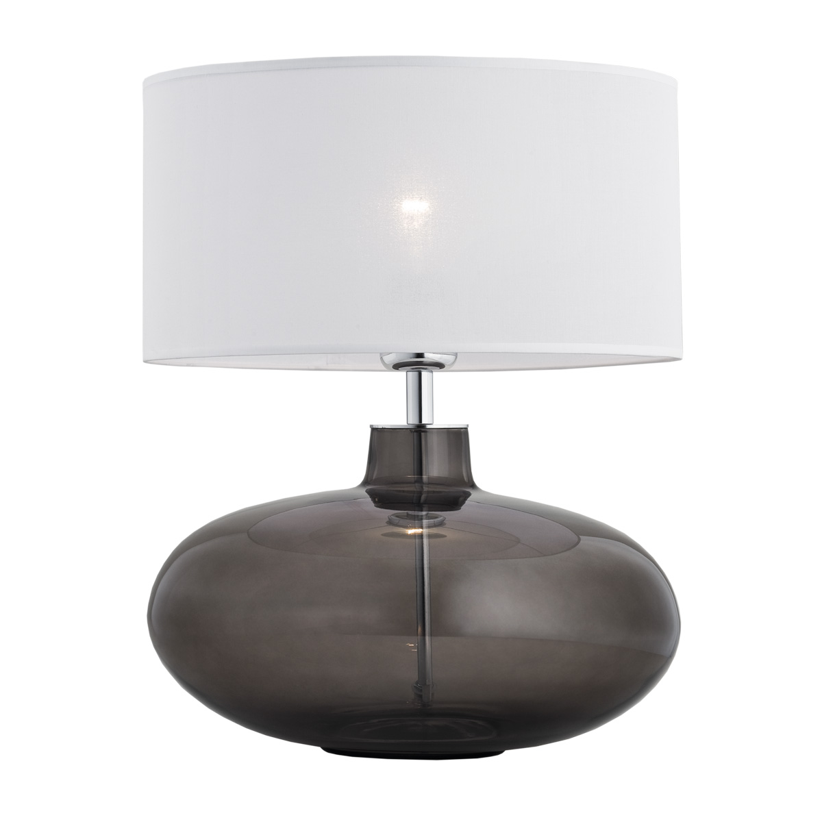 Kwana Table Lamp, Smoked Glass, White Fabric Drum Shade, 35cm Width