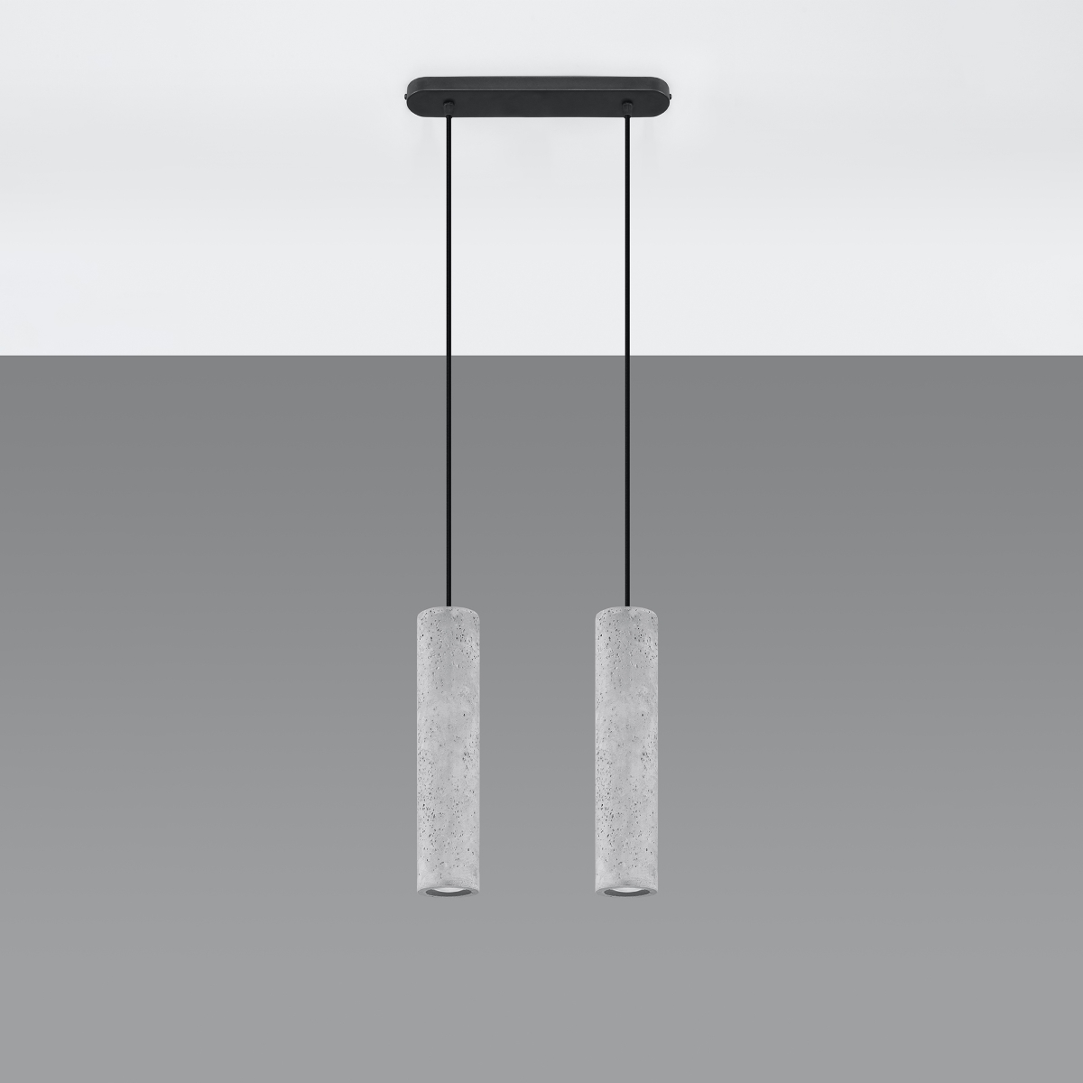 Louvo 2 Lamp Bar Concrete Pendant Light, Black Metal Suspension, 30cm Length