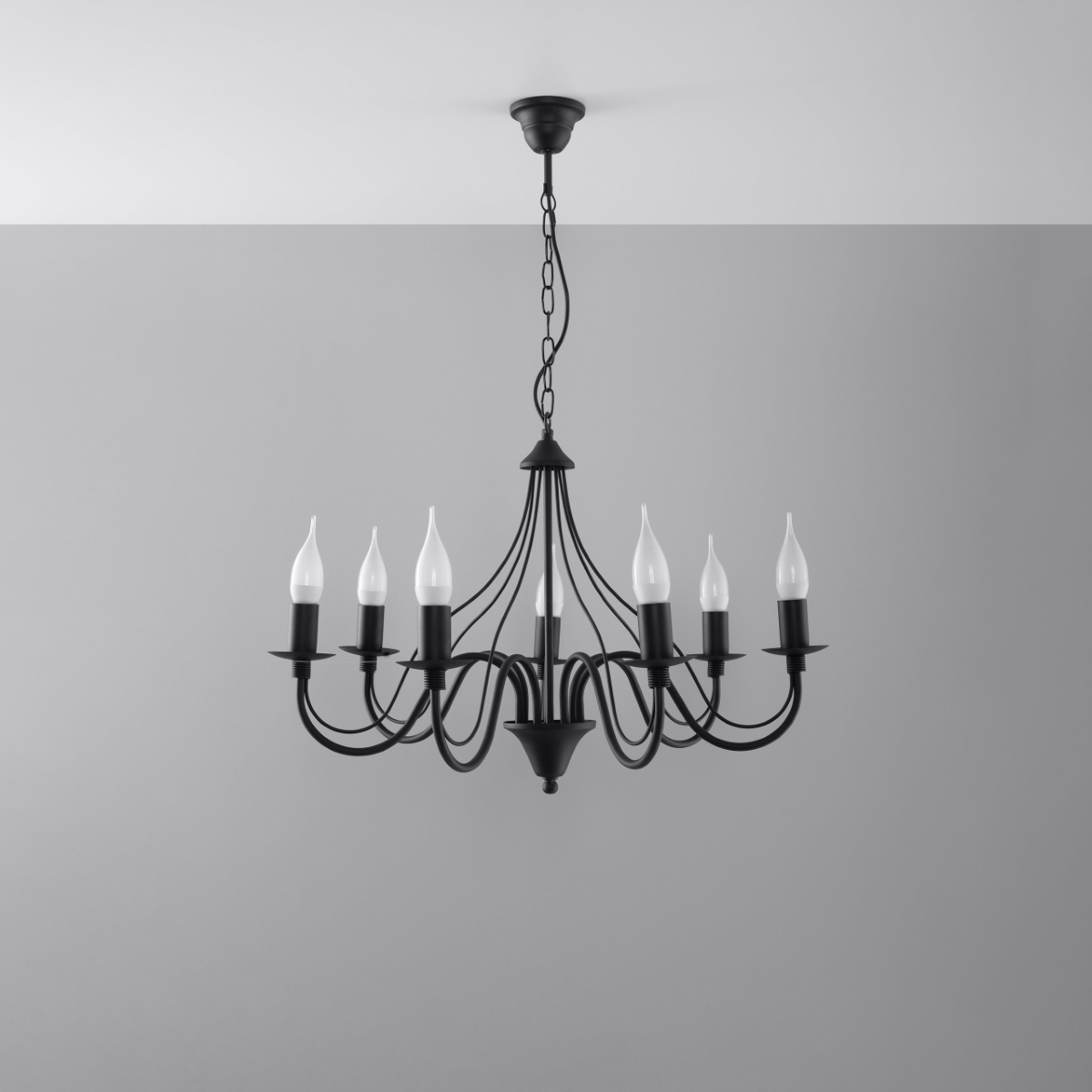Wera 7 Light Candle Chandelier, Black Metal, 60cm Diameter