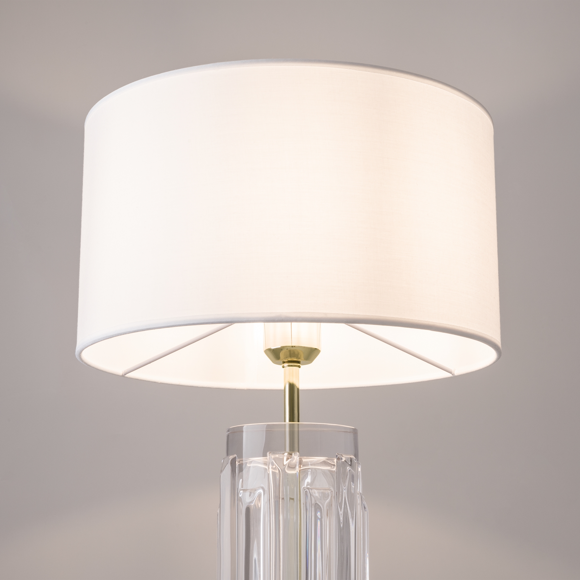 Muse Glass Table lamp, Gold Metal, Clear, White Fabric Shade, 32cm Wide — view 3