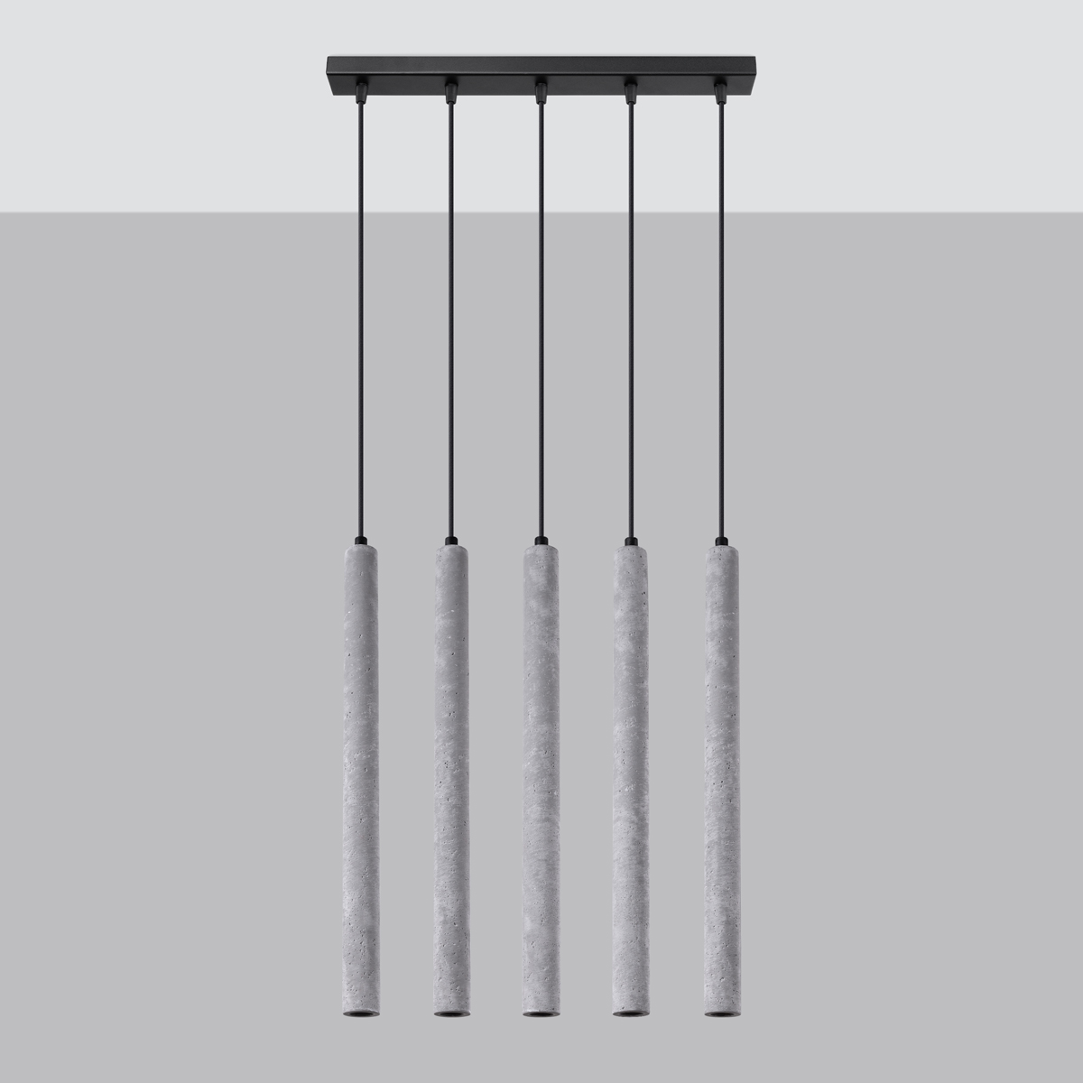 Vaslow 5 Lamp Bar Pendant Light, Concrete, Black Metal, 45cm Length
