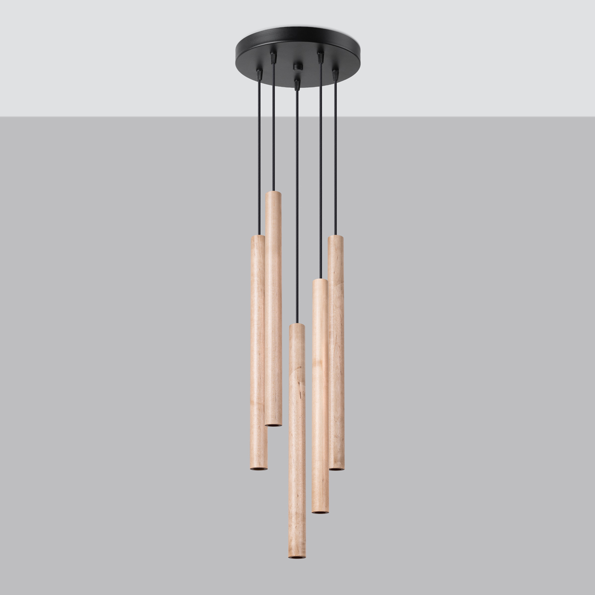 Vaslow 5 Light Multi Drop Tube Pendant Lamp, Light Wood, 25cm Diameter