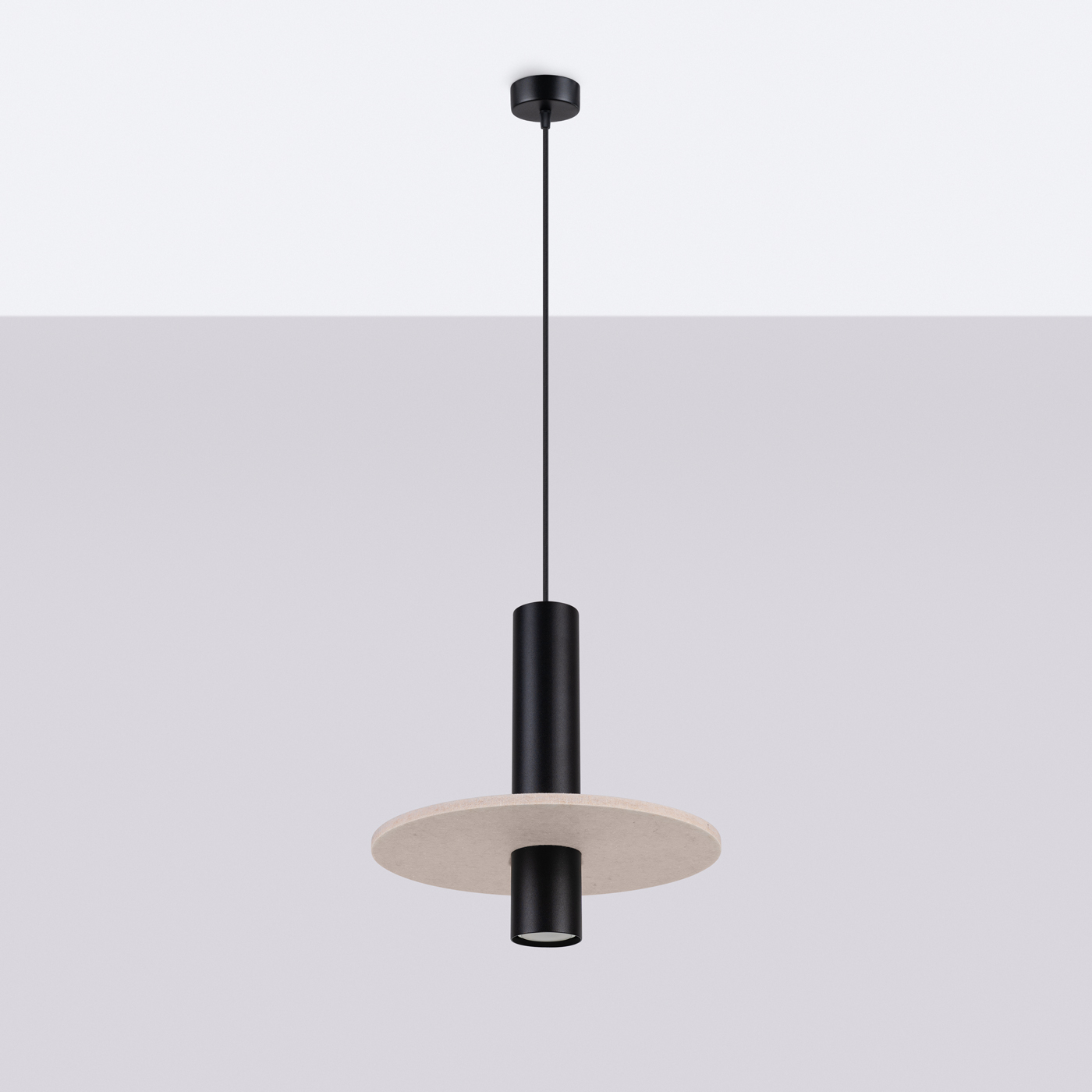 Felora Beige Short Pendant Lamp, Black Metal Cylinder, Felt Shade, 30cm Diameter