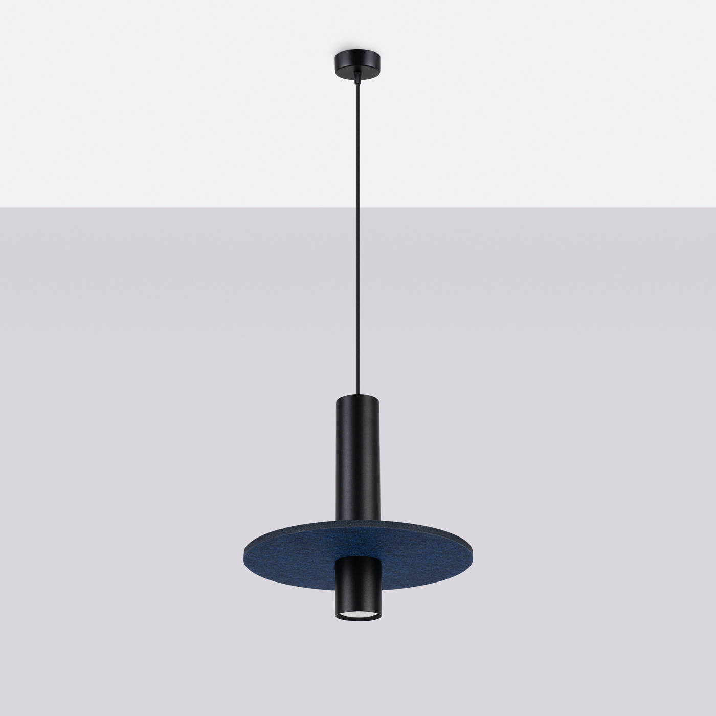 Felora Navy Blue Short Pendant Light, Black Metal Cylinder, Felt Shade, 30cm Diameter