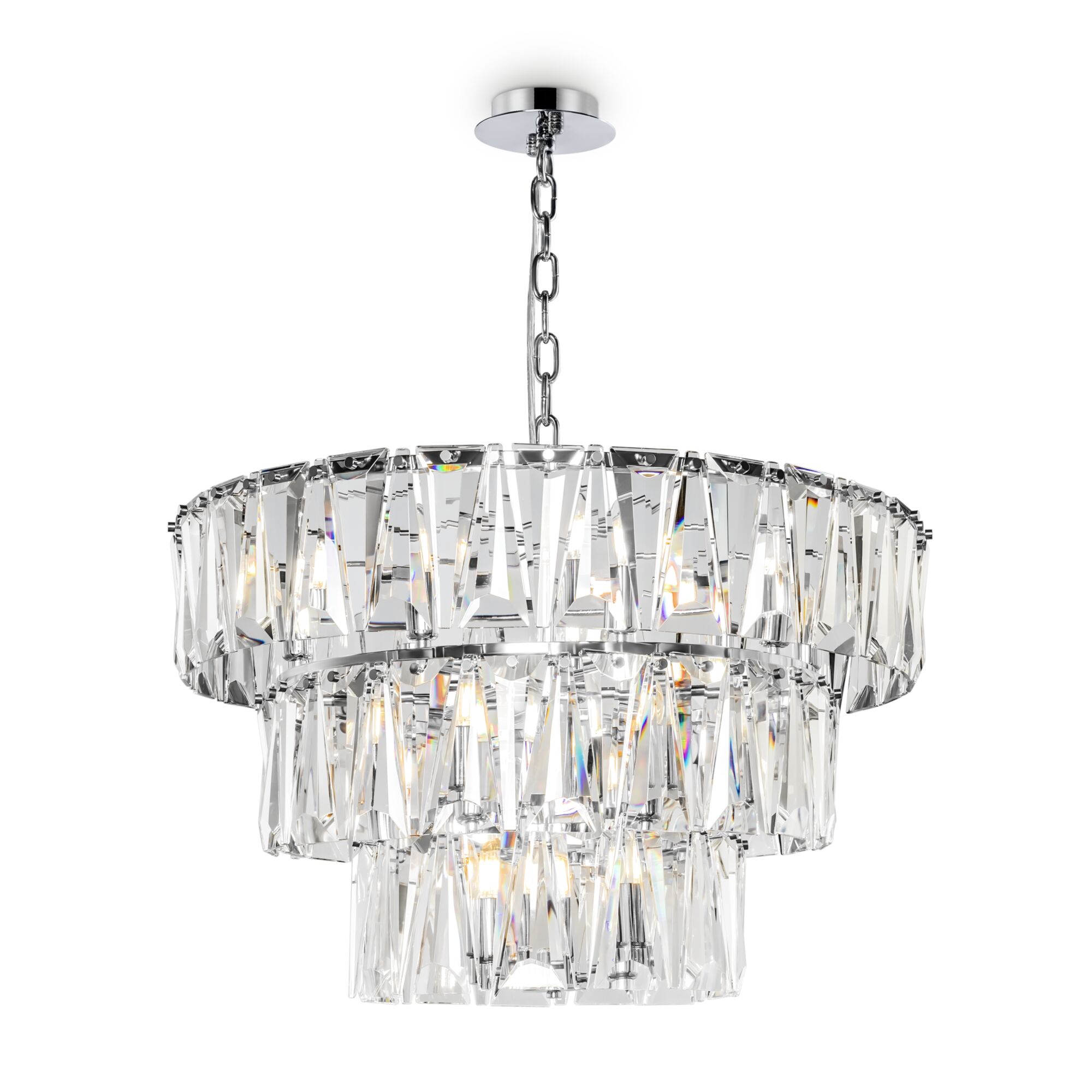 Puntes 3 Tier Pendant Lamp, Chrome, Crystal Glass, 18 Light, 77cm Wide