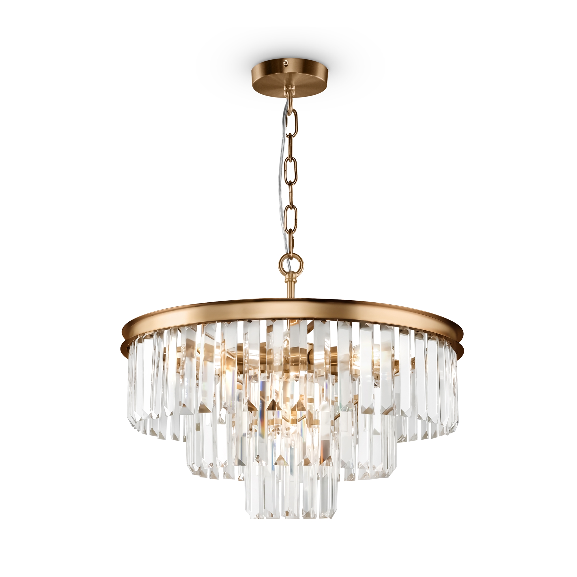 Revero Crystal Glass Pendant Light, Brass Metal, 7 Lamp, 50cm Wide