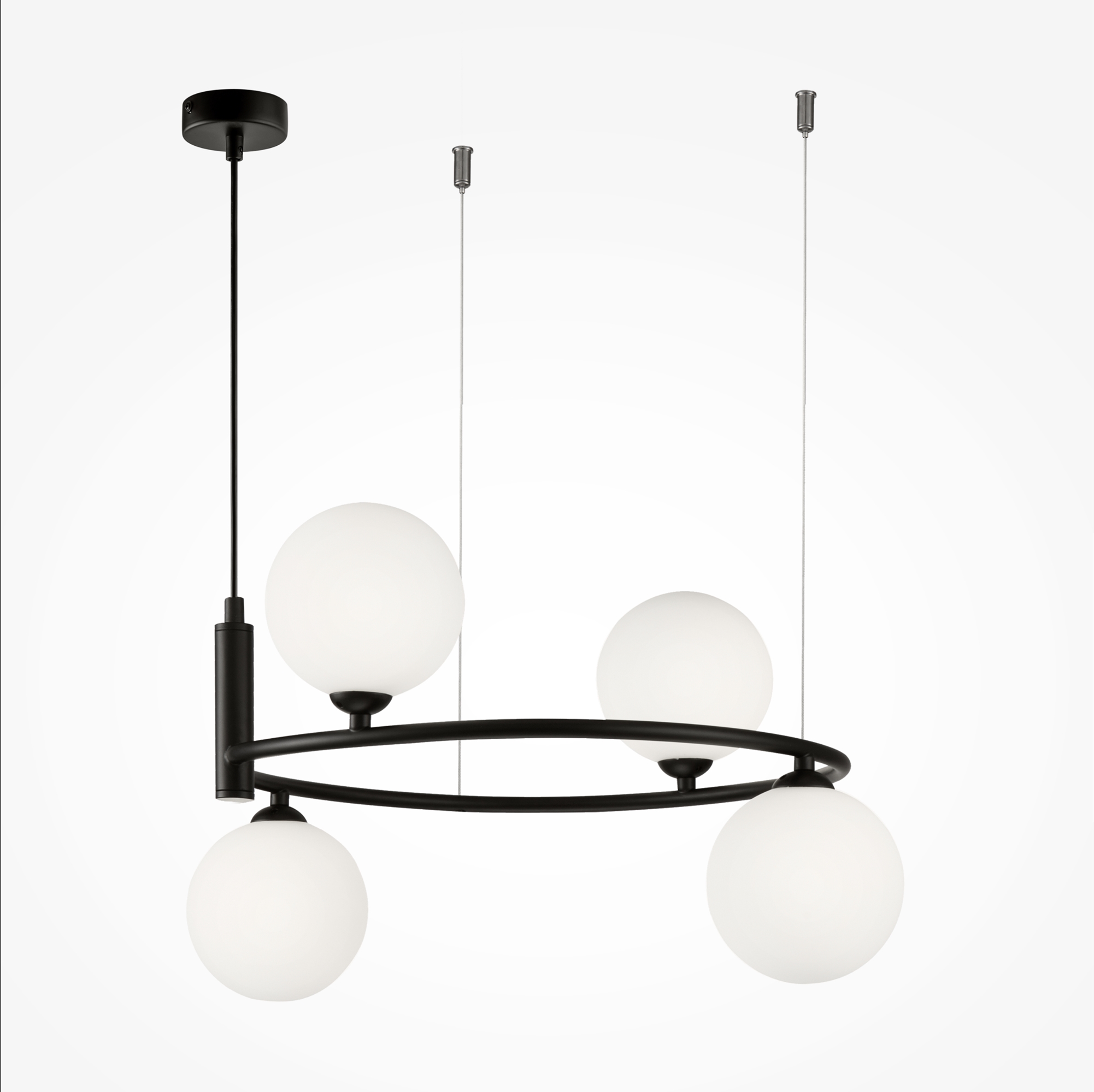Ring Mini Chandelier, 4 Light, Opal Glass, Black Metal, 43.5cm Wide
