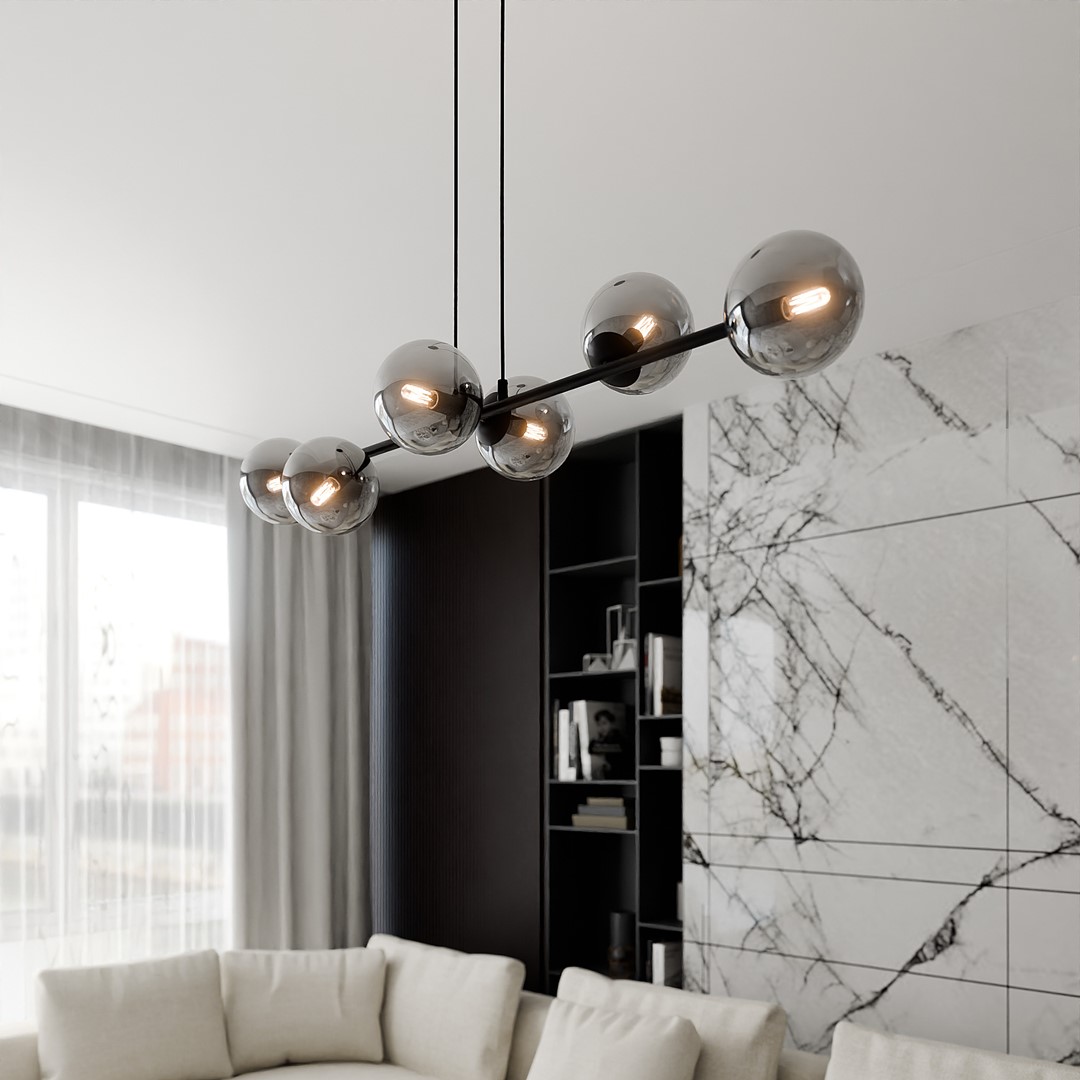 Rostin Pendant Lamp, Grey Glass, Black, Linear 6 Light, 110cm — view 2