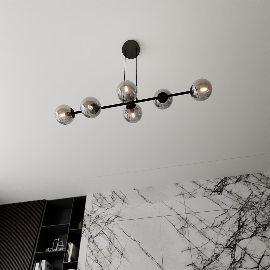 Rostin Pendant Lamp, Grey Glass, Black, Linear 6 Light, 110cm — view 3