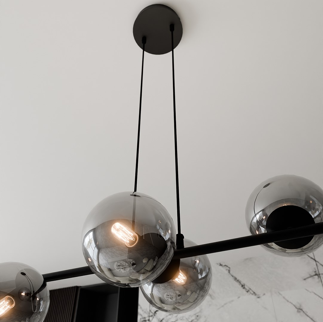 Rostin Pendant Lamp, Grey Glass, Black, Linear 6 Light, 110cm — view 4