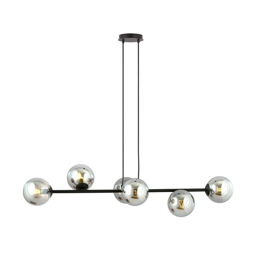 Rostin Pendant Lamp, Grey Glass, Black, Linear 6 Light, 110cm
